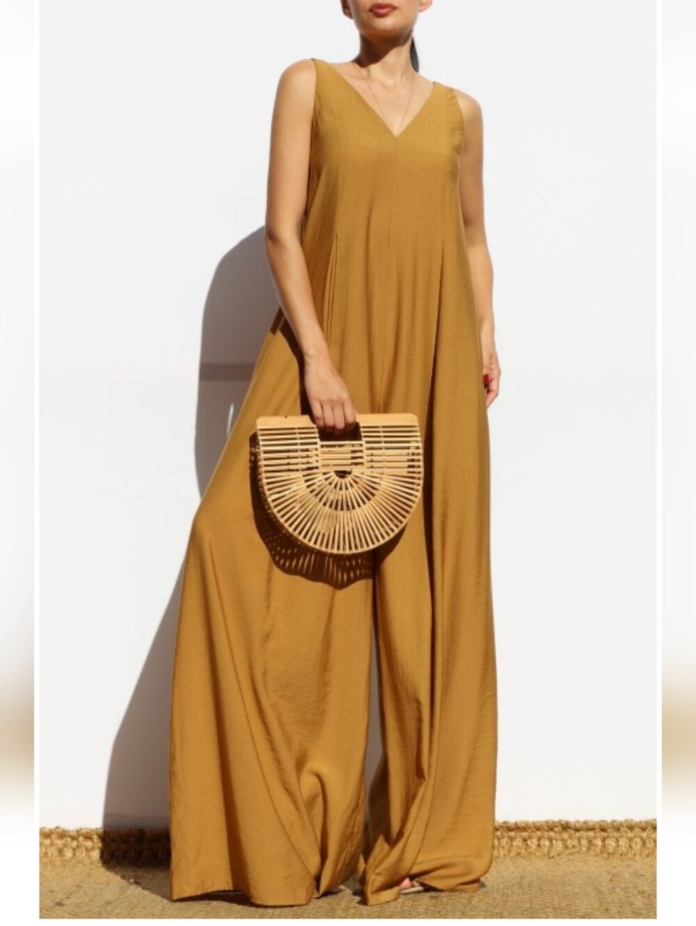 Sleeveless Wide-Leg V-Neck Jumpsuit in Golden Mustard NWT
